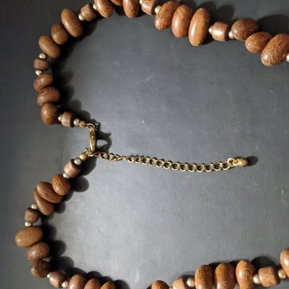 Gold Tone Brown Wooden Beaded Statement Pendant Necklace - Picture 3 of 4